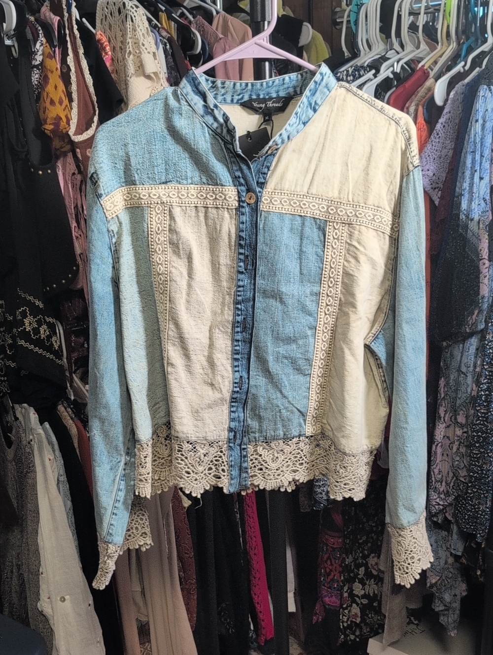 Young Threads Boho Lace-Trim Patchwork Denim Jacket - Light Blue & Cream NWT